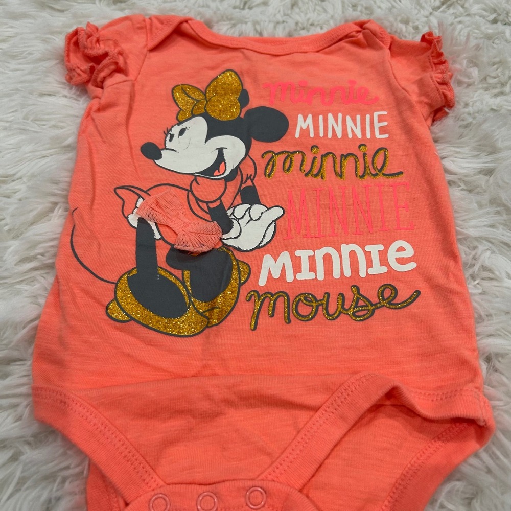 Disney Baby Minnie Mouse‎ Bodysuit Glitter Graphic Ruffle Sleeve 12M